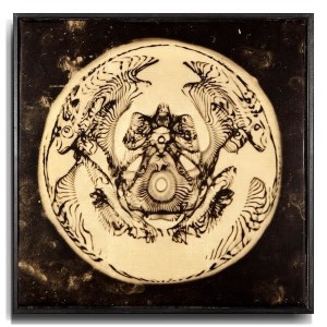 "F," 2015. 16"x16" Printed on kozo paper mounted over gold leafed dibond on handmade stretchers, sealed in matte resin with hand applied gloss resin.